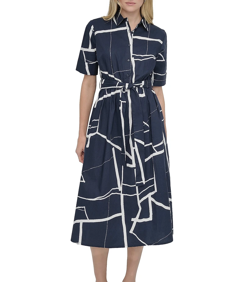 DKNY by Donna Karan Printed Cotton Short Sleeve Belted Midi Shirtdress