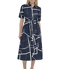 DKNY by Donna Karan Printed Cotton Short Sleeve Belted Midi Shirtdress