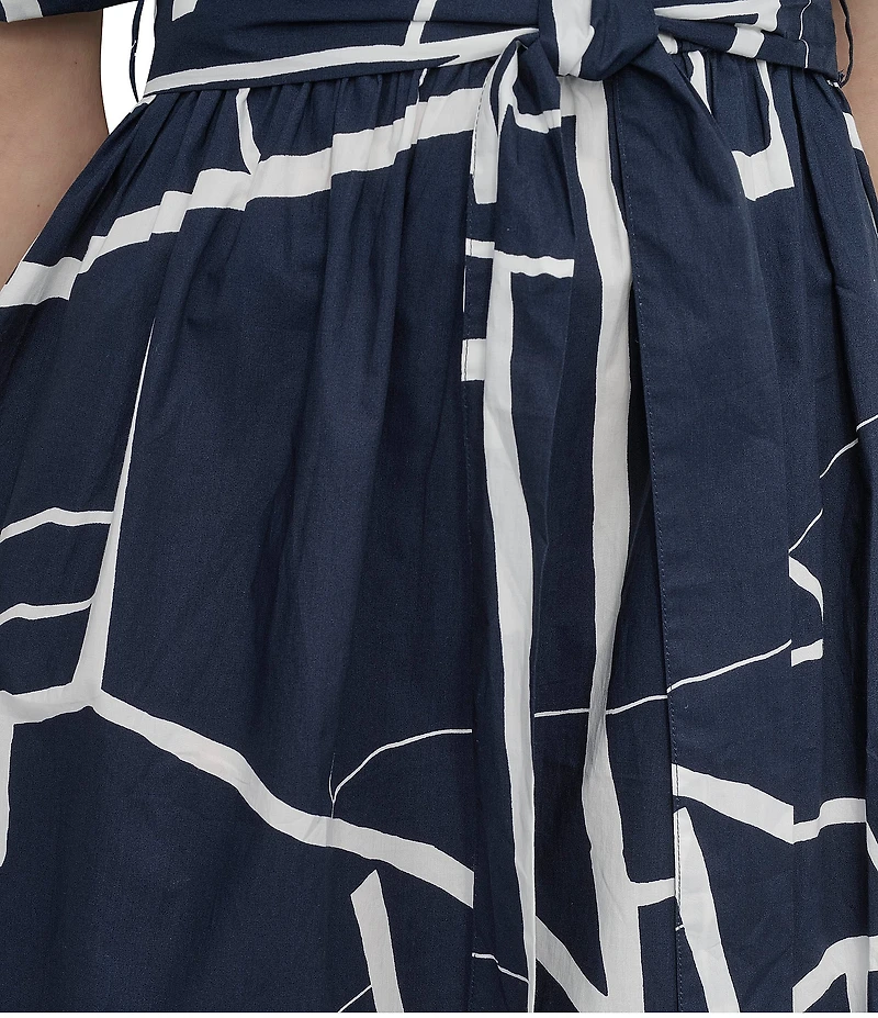 DKNY by Donna Karan Printed Cotton Short Sleeve Belted Midi Shirtdress