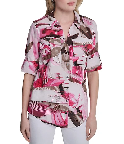 DKNY by Donna Karan Printed Cotton Voile Point Collar Roll Tab Sleeve Button Front Shirt