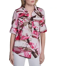 DKNY by Donna Karan Printed Cotton Voile Point Collar Roll Tab Sleeve Button Front Shirt