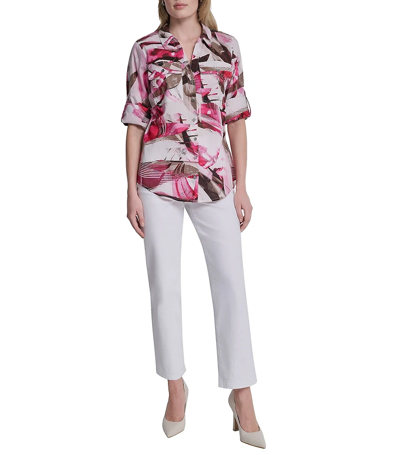 DKNY by Donna Karan Printed Cotton Voile Point Collar Roll Tab Sleeve Button Front Shirt
