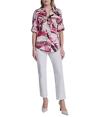 DKNY by Donna Karan Printed Cotton Voile Point Collar Roll Tab Sleeve Button Front Shirt