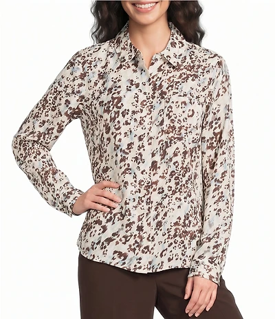 DKNY by Donna Karan Printed Georgette Point Collar 3/4 Roll-Tab Sleeve Button Front Shirt