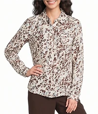 DKNY by Donna Karan Printed Georgette Point Collar 3/4 Roll-Tab Sleeve Button Front Shirt