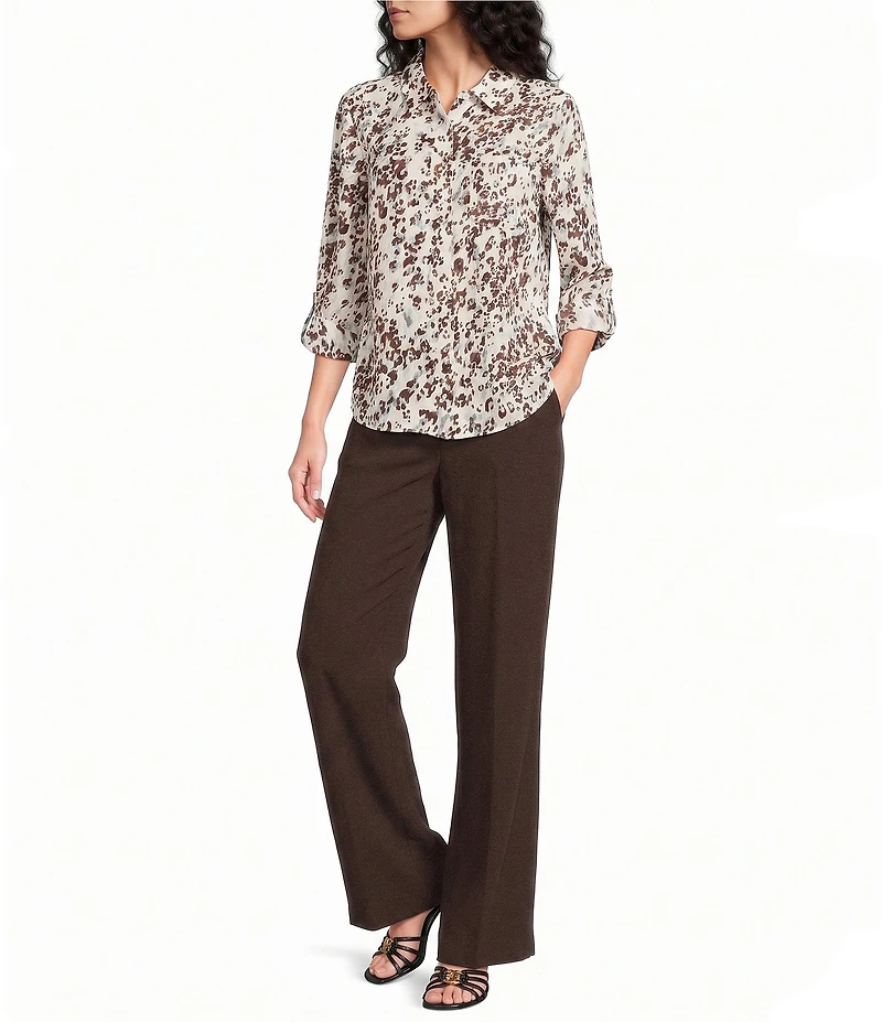 DKNY by Donna Karan Printed Georgette Point Collar 3/4 Roll-Tab Sleeve Button Front Shirt