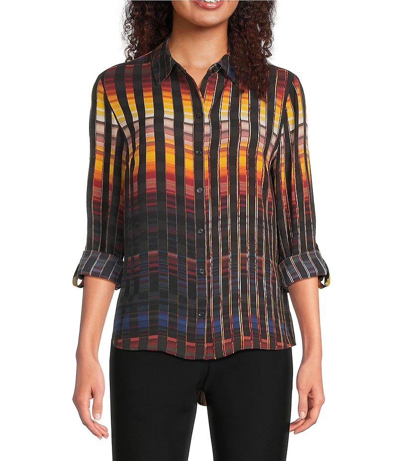 DKNY by Donna Karan Printed Georgette Point Collar Roll Tab Sleeve Button Front Shirt