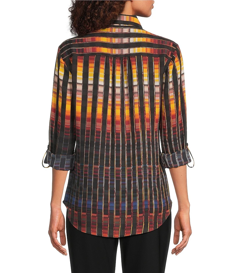 DKNY by Donna Karan Printed Georgette Point Collar Roll Tab Sleeve Button Front Shirt