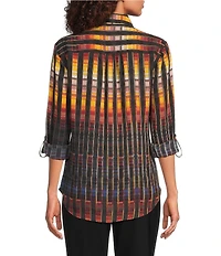 DKNY by Donna Karan Printed Georgette Point Collar Roll Tab Sleeve Button Front Shirt