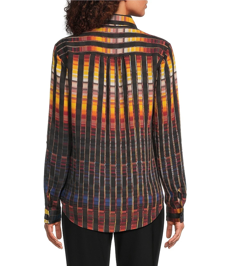 DKNY by Donna Karan Printed Georgette Point Collar Roll Tab Sleeve Button Front Shirt