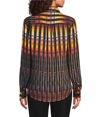DKNY by Donna Karan Printed Georgette Point Collar Roll Tab Sleeve Button Front Shirt