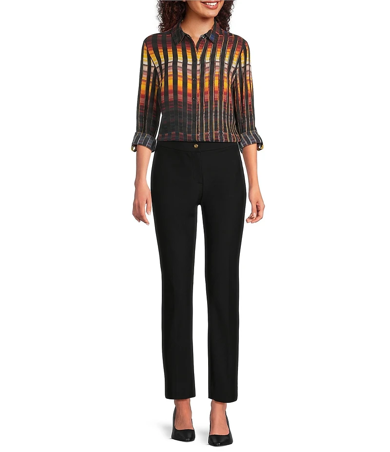 DKNY by Donna Karan Printed Georgette Point Collar Roll Tab Sleeve Button Front Shirt