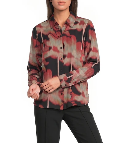 DKNY by Donna Karan Printed Georgette Point Collar Roll Tab Sleeve Shirt