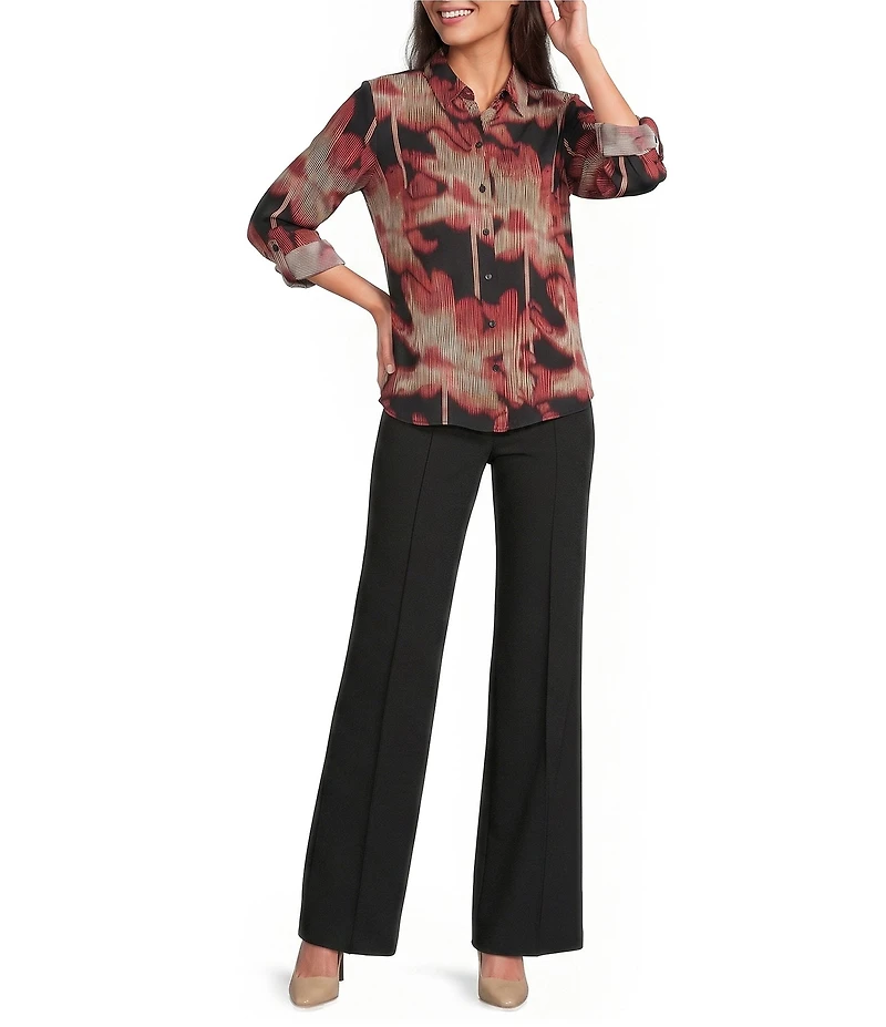 DKNY by Donna Karan Printed Georgette Point Collar Roll Tab Sleeve Shirt
