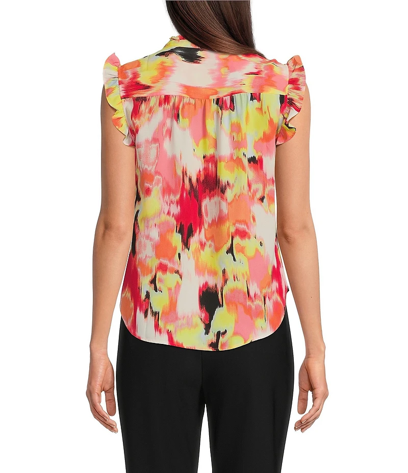 DKNY By Donna Karan Printed Georgette Ruffled Banded Collar Sleeveless Top