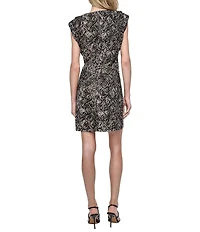 DKNY by Donna Karan Printed Jersey Round Neck Shoulder Pad Sleeveless Belted Dress
