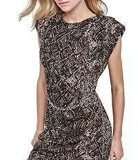 DKNY by Donna Karan Printed Jersey Round Neck Shoulder Pad Sleeveless Belted Dress
