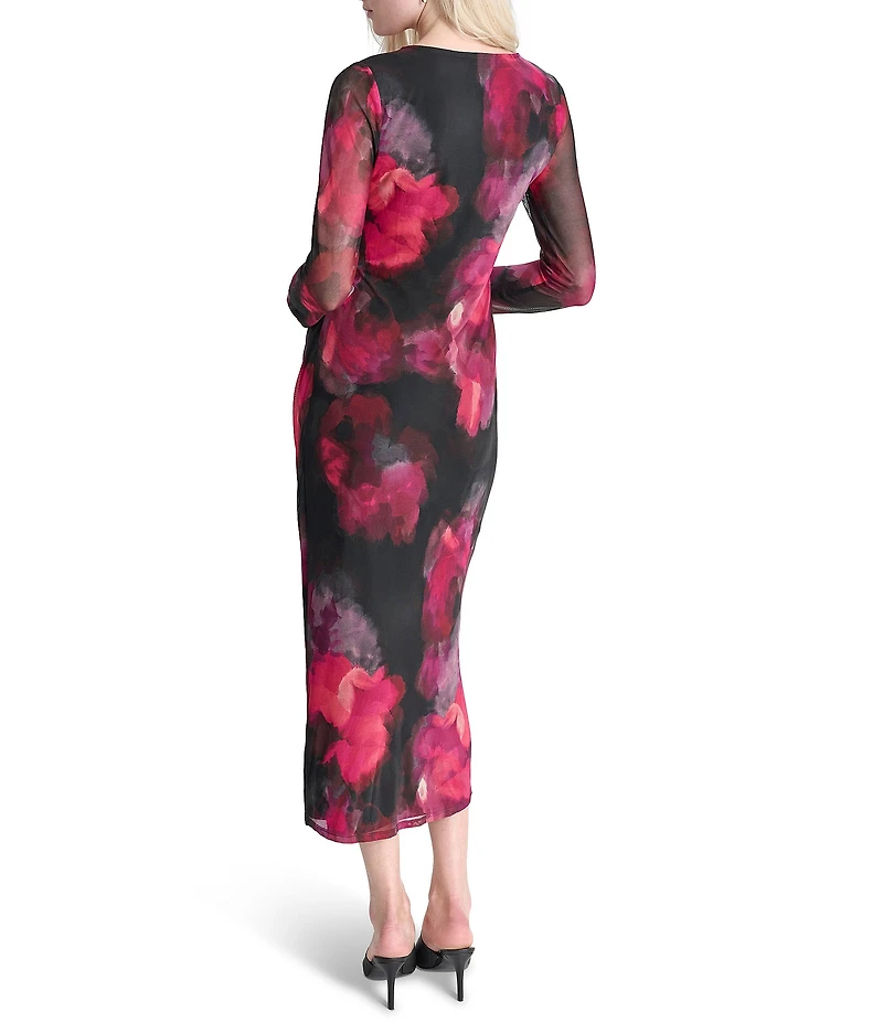DKNY by Donna Karan Printed Knit Asymmetrical Neck Long Sleeves Cinched Sheath Midi Dress