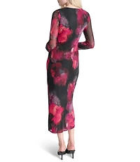 DKNY by Donna Karan Printed Knit Asymmetrical Neck Long Sleeves Cinched Sheath Midi Dress