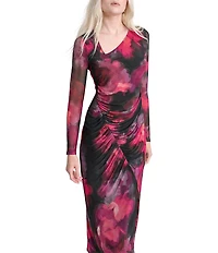 DKNY by Donna Karan Printed Knit Asymmetrical Neck Long Sleeves Cinched Sheath Midi Dress