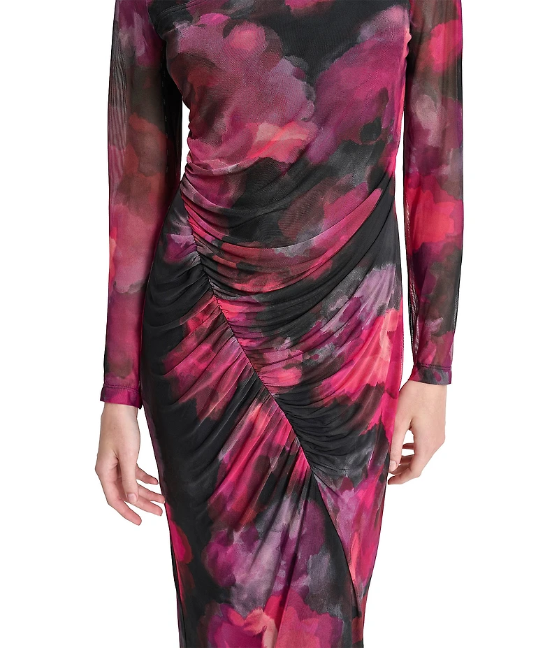 DKNY by Donna Karan Printed Knit Asymmetrical Neck Long Sleeves Cinched Sheath Midi Dress