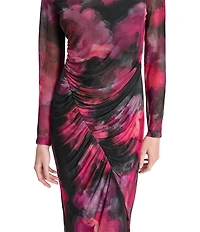 DKNY by Donna Karan Printed Knit Asymmetrical Neck Long Sleeves Cinched Sheath Midi Dress