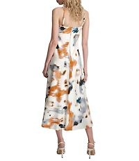 DKNY by Donna Karan Printed Linen Blend Sweetheart Sleeveless Empire Waist High Low Midi Dress