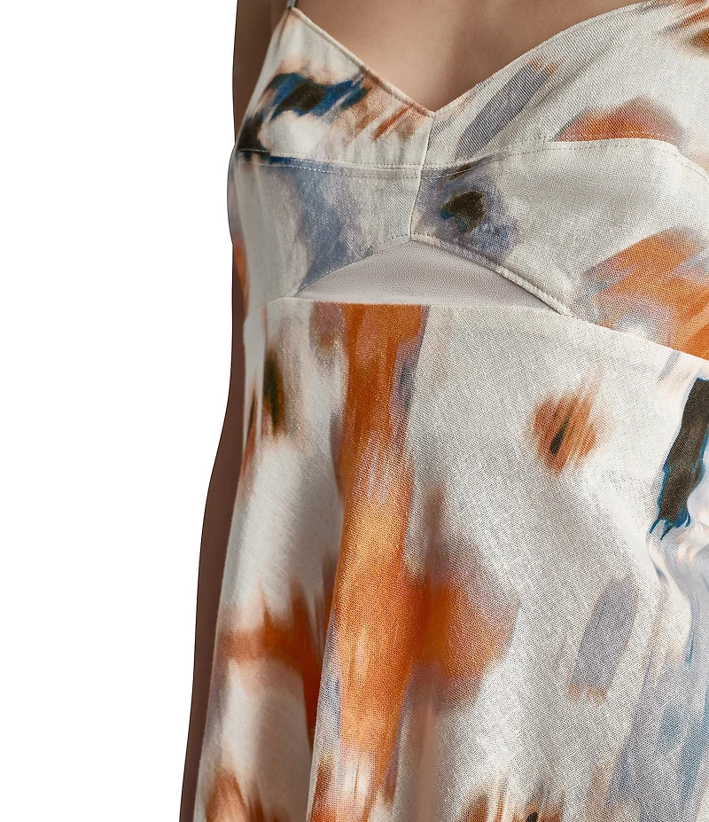 DKNY by Donna Karan Printed Linen Blend Sweetheart Sleeveless Empire Waist High Low Midi Dress