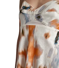 DKNY by Donna Karan Printed Linen Blend Sweetheart Sleeveless Empire Waist High Low Midi Dress