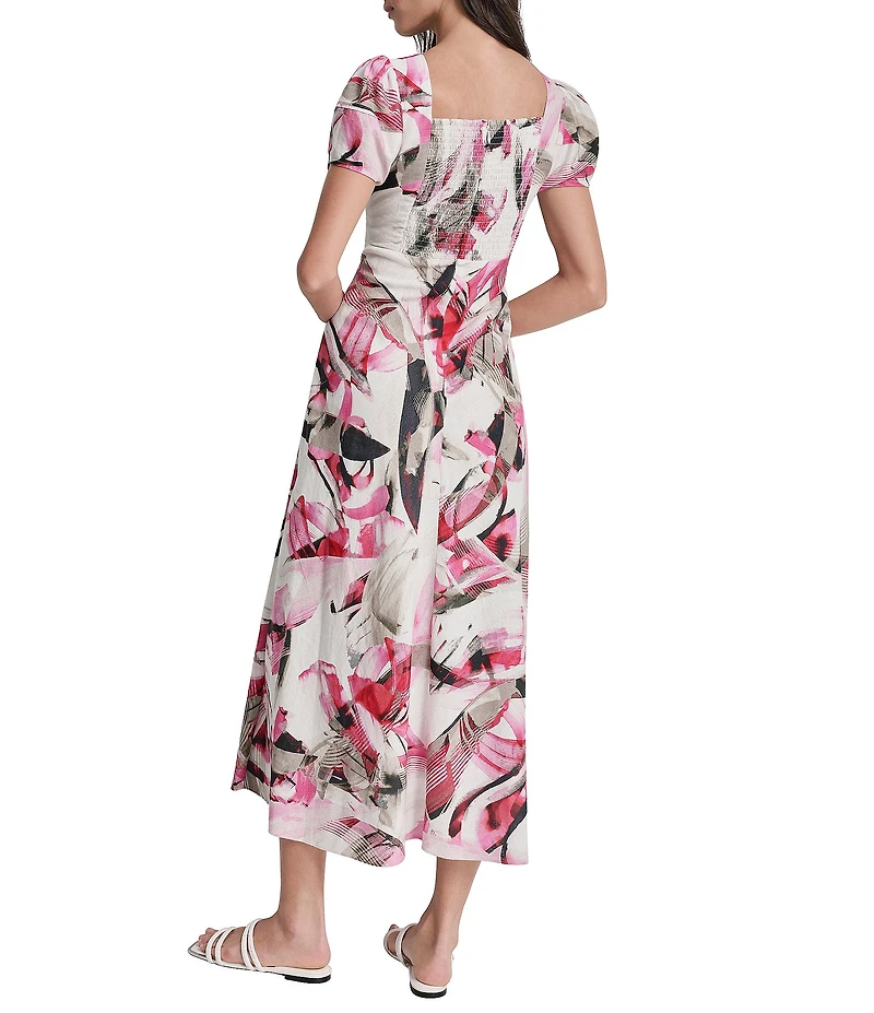 DKNY by Donna Karan Printed Linen Blend V-Neck Short Sleeve Asymmetric Midi Dress