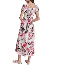 DKNY by Donna Karan Printed Linen Blend V-Neck Short Sleeve Asymmetric Midi Dress