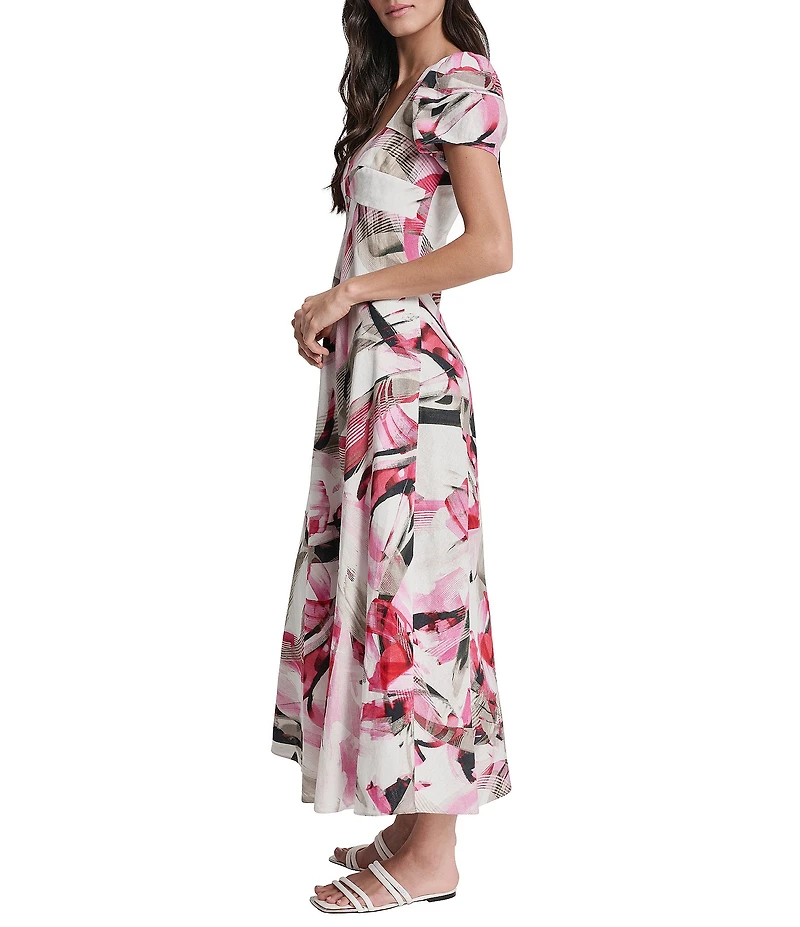 DKNY by Donna Karan Printed Linen Blend V-Neck Short Sleeve Asymmetric Midi Dress