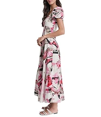 DKNY by Donna Karan Printed Linen Blend V-Neck Short Sleeve Asymmetric Midi Dress