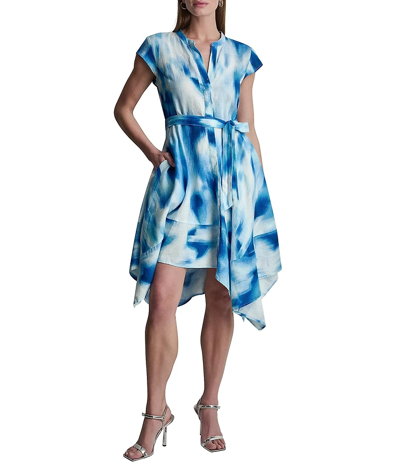 DKNY by Donna Karan Printed Linen Y-Neck Short Sleeve Hanky Wrap Dress