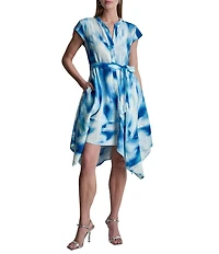 DKNY by Donna Karan Printed Linen Y-Neck Short Sleeve Hanky Wrap Dress