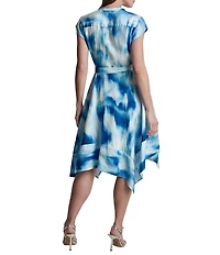 DKNY by Donna Karan Printed Linen Y-Neck Short Sleeve Hanky Wrap Dress
