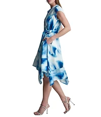 DKNY by Donna Karan Printed Linen Y-Neck Short Sleeve Hanky Wrap Dress