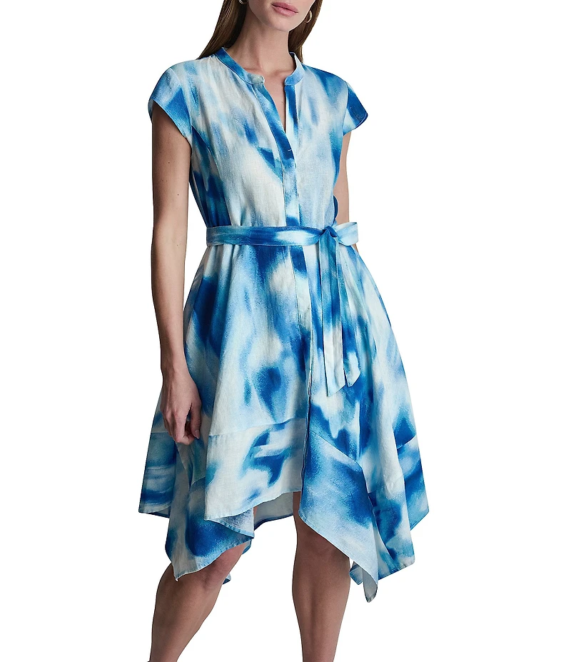 DKNY by Donna Karan Printed Linen Y-Neck Short Sleeve Hanky Wrap Dress