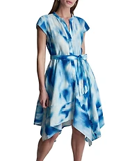 DKNY by Donna Karan Printed Linen Y-Neck Short Sleeve Hanky Wrap Dress