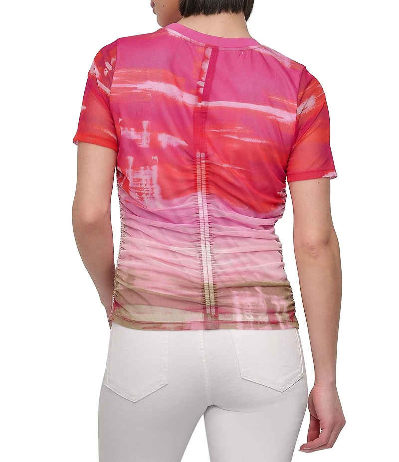DKNY by Donna Karan Printed Mesh Crew Neck Short Sleeve Ruched Top