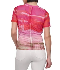 DKNY by Donna Karan Printed Mesh Crew Neck Short Sleeve Ruched Top