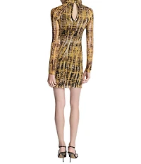 DKNY by Donna Karan Printed Mesh Turtleneck Sheer Long Sleeve Fitted Sheath Dress