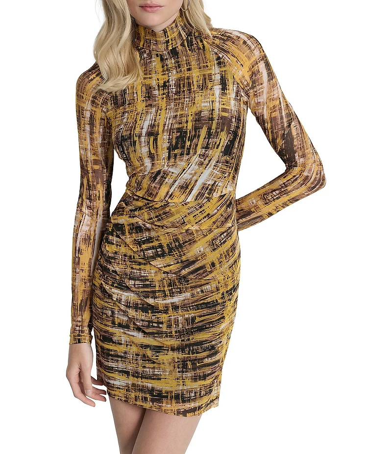 DKNY by Donna Karan Printed Mesh Turtleneck Sheer Long Sleeve Fitted Sheath Dress