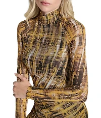 DKNY by Donna Karan Printed Mesh Turtleneck Sheer Long Sleeve Fitted Sheath Dress