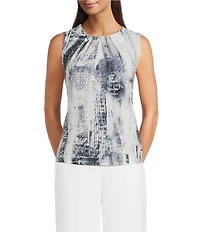 DKNY by Donna Karan Printed Ruched Crew Neck Sleeveless Top