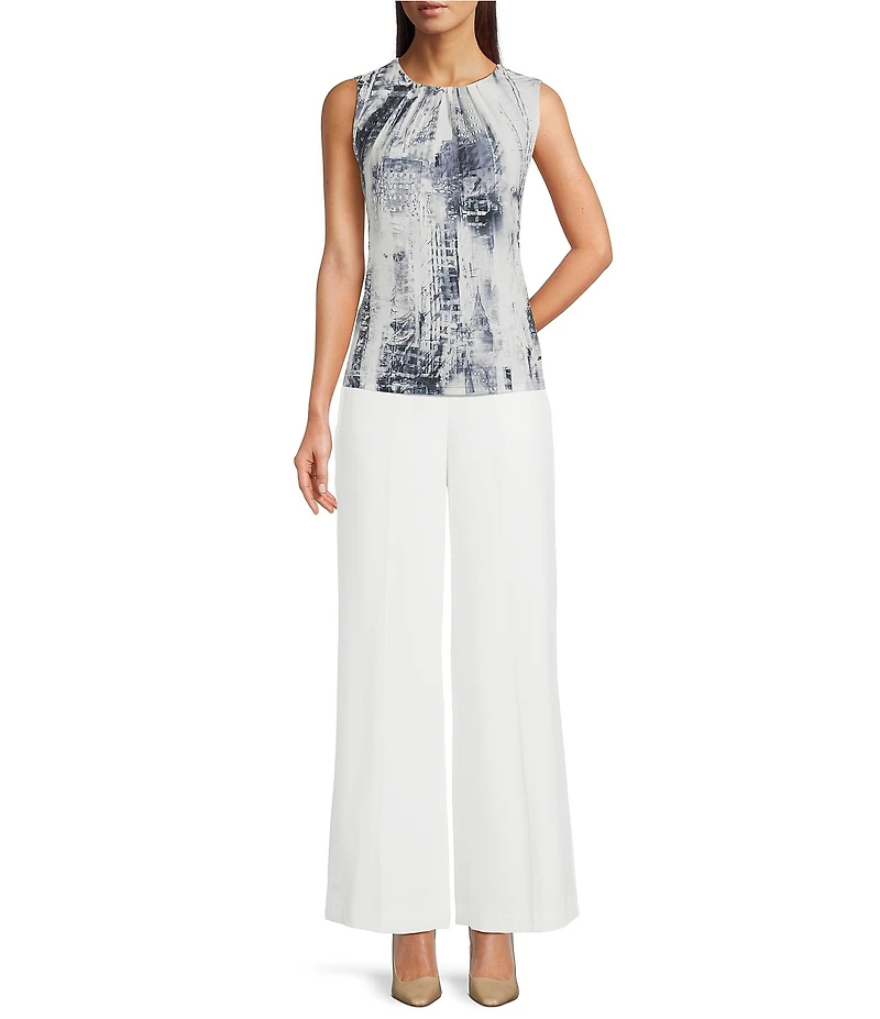 DKNY by Donna Karan Printed Ruched Crew Neck Sleeveless Top
