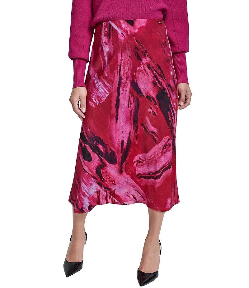 DKNY by Donna Karan Printed Satin Bias Cut Midi Skirt