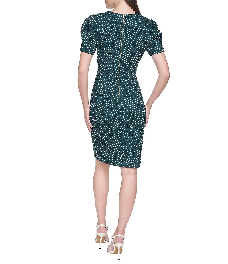 DKNY By Donna Karan Printed Scuba Crepe Short Puff Sleeve Crew Neck Sheath Dress