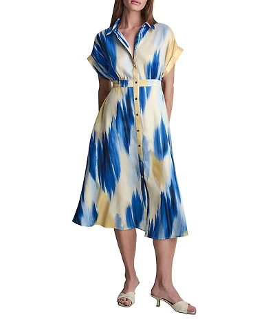 DKNY by Donna Karan Printed Supple Satin Point Collar Short Sleeve Button Front Midi Shirt Dress