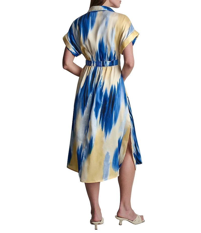 DKNY by Donna Karan Printed Supple Satin Point Collar Short Sleeve Button Front Midi Shirt Dress